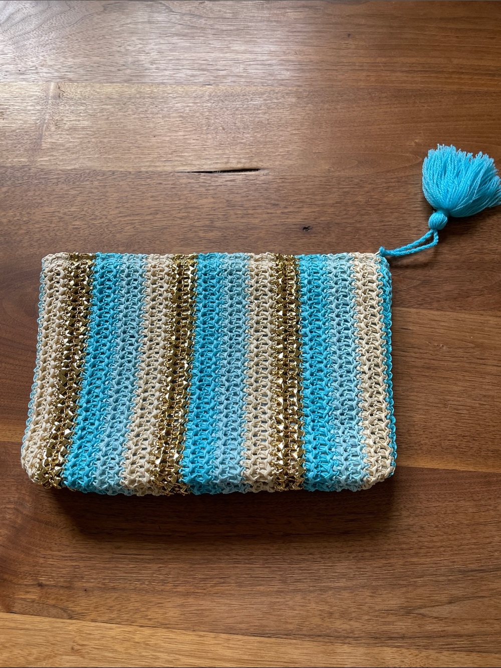 Shiraleah Chicago Striped Crochet straw Tassel Clutch - Aqua, Gold & Cream